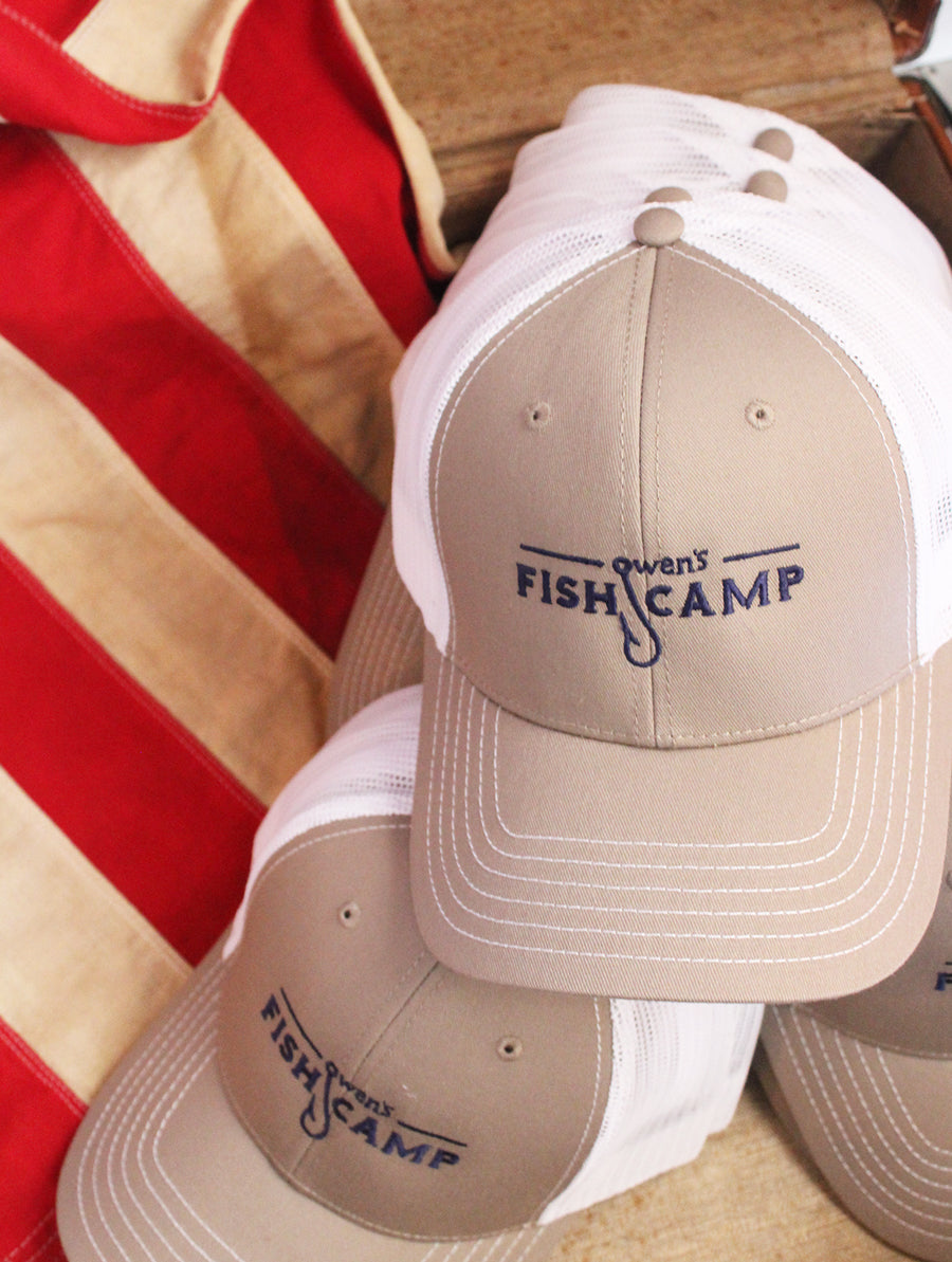 Owen's Fish Camp Trucker Hat - Tan/Navy